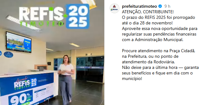 REFIS 2025: Baixa adesão faz prefeitura prorrogar o benefício até 28 de novembro